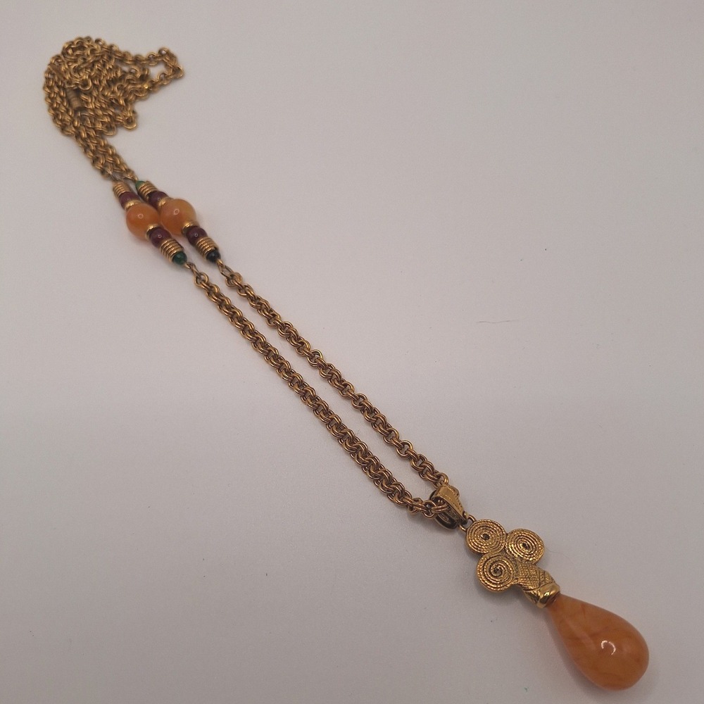 Vintage Roman pendant drop necklace Etruscan Revival orange purple green glass